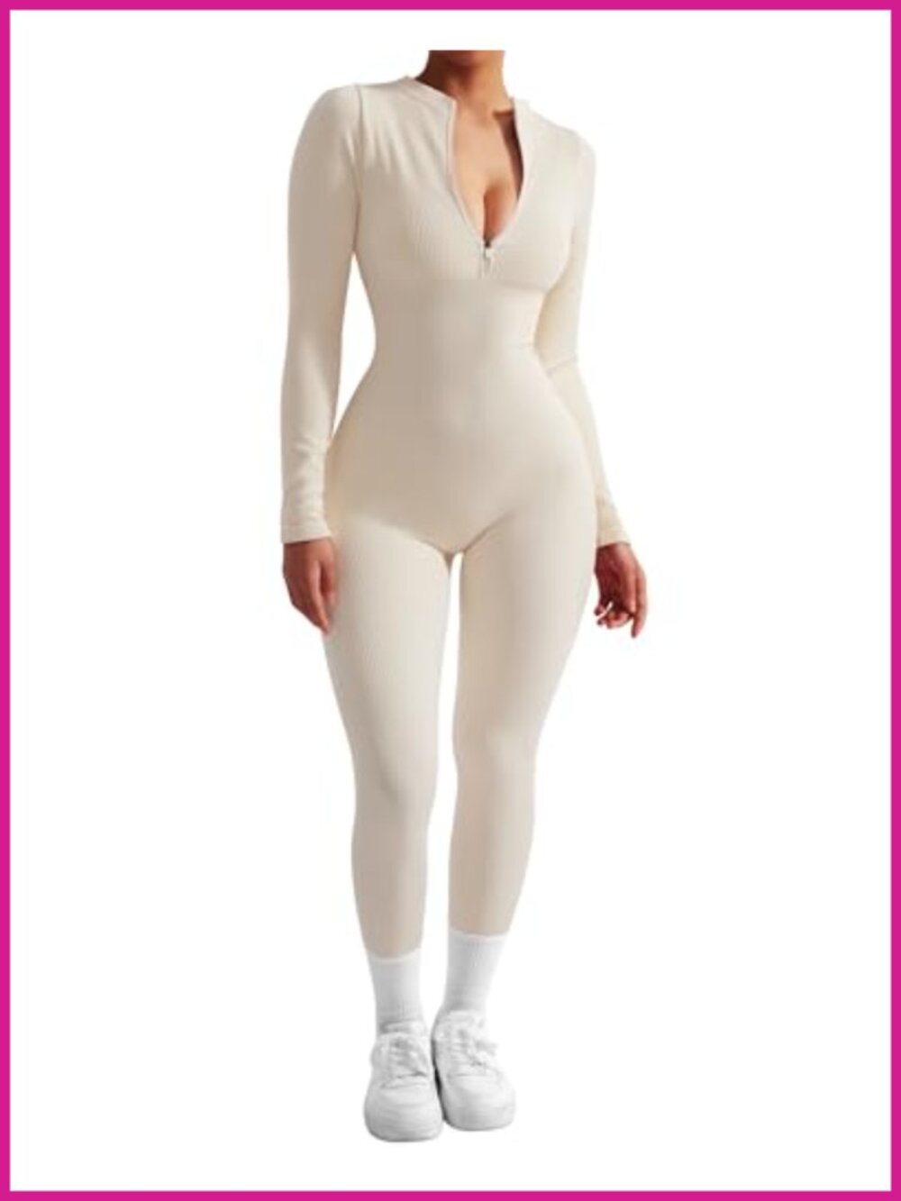Ribbed Seamless Zip Up Bodycon Jumpsuit Long Sleeve Workout Romper